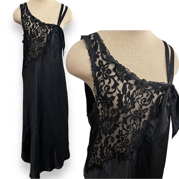 Vintage Victorias Secret Gold Label Black Lace Asymmetrical Slip Nightgown Satin - Picture 1 of 8